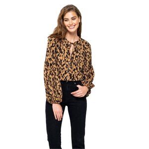 August Sky Blouse Size M Brown Black Brush Stroke Balloon Sleeves‎ Shirt Top New